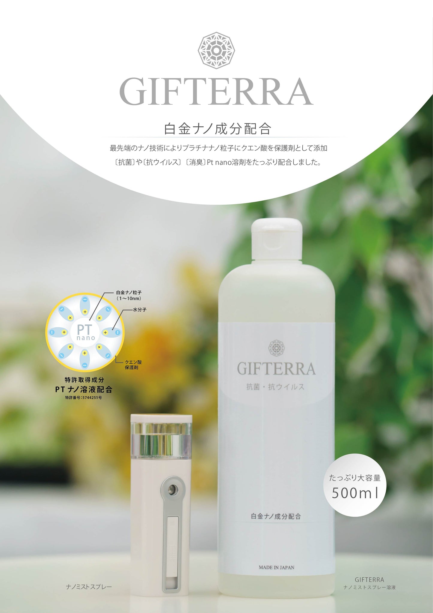 【セット商品】 GIFTERRA (ギフテラ) ナノミストスプレー＆溶液500ml (お得な大容量タイプ)